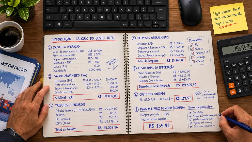 Caderno com cálculos manuscritos de importação, incluindo valor aduaneiro, tributos, despesas operacionais, custo total e preço de venda.