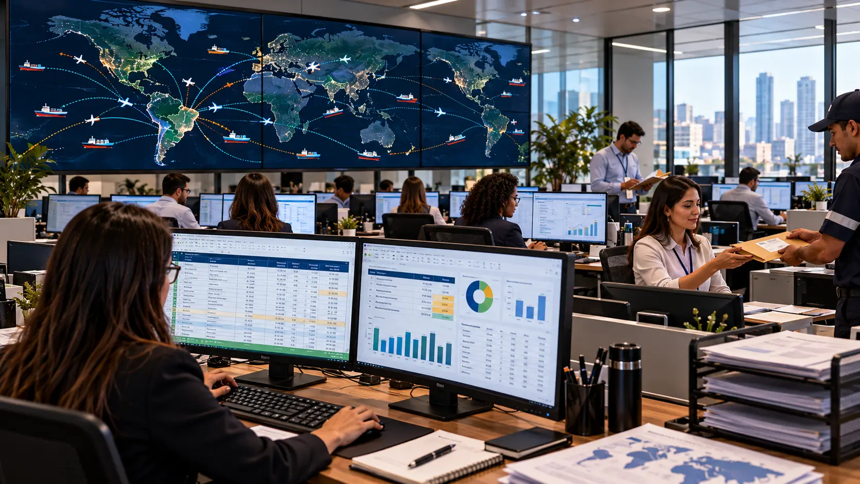 Analistas de comércio exterior trabalhando com planilhas de custos de importação e sistemas de monitoramento de cargas em escritório corporativo.