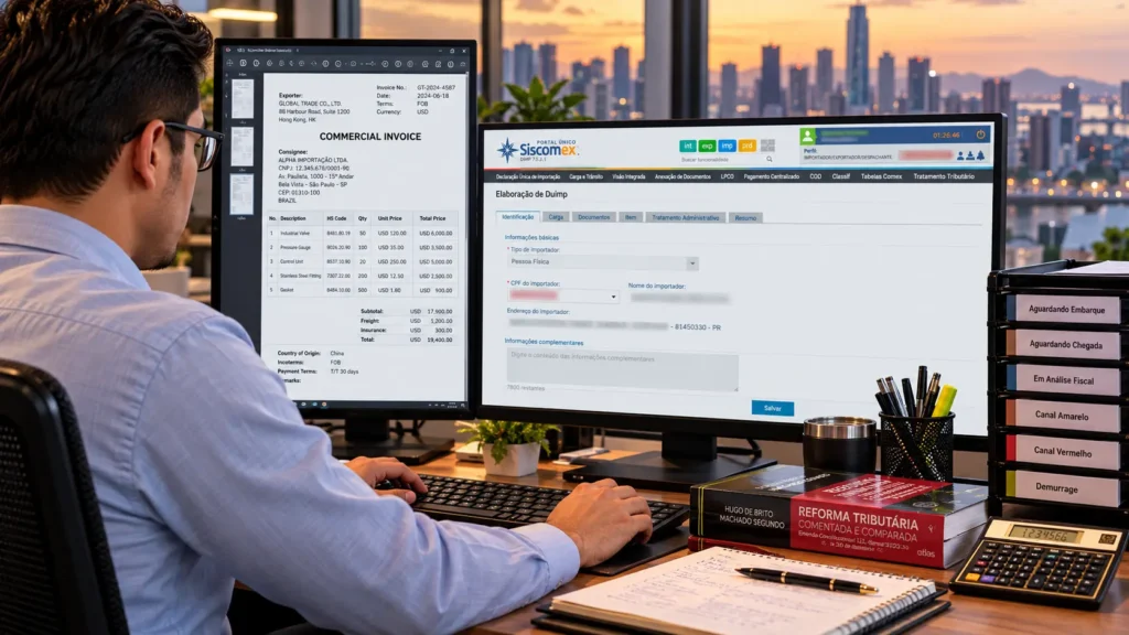 Profissional de comércio exterior elaborando uma DUIMP no Portal Único Siscomex, com documentos comerciais e materiais de consulta sobre a mesa.