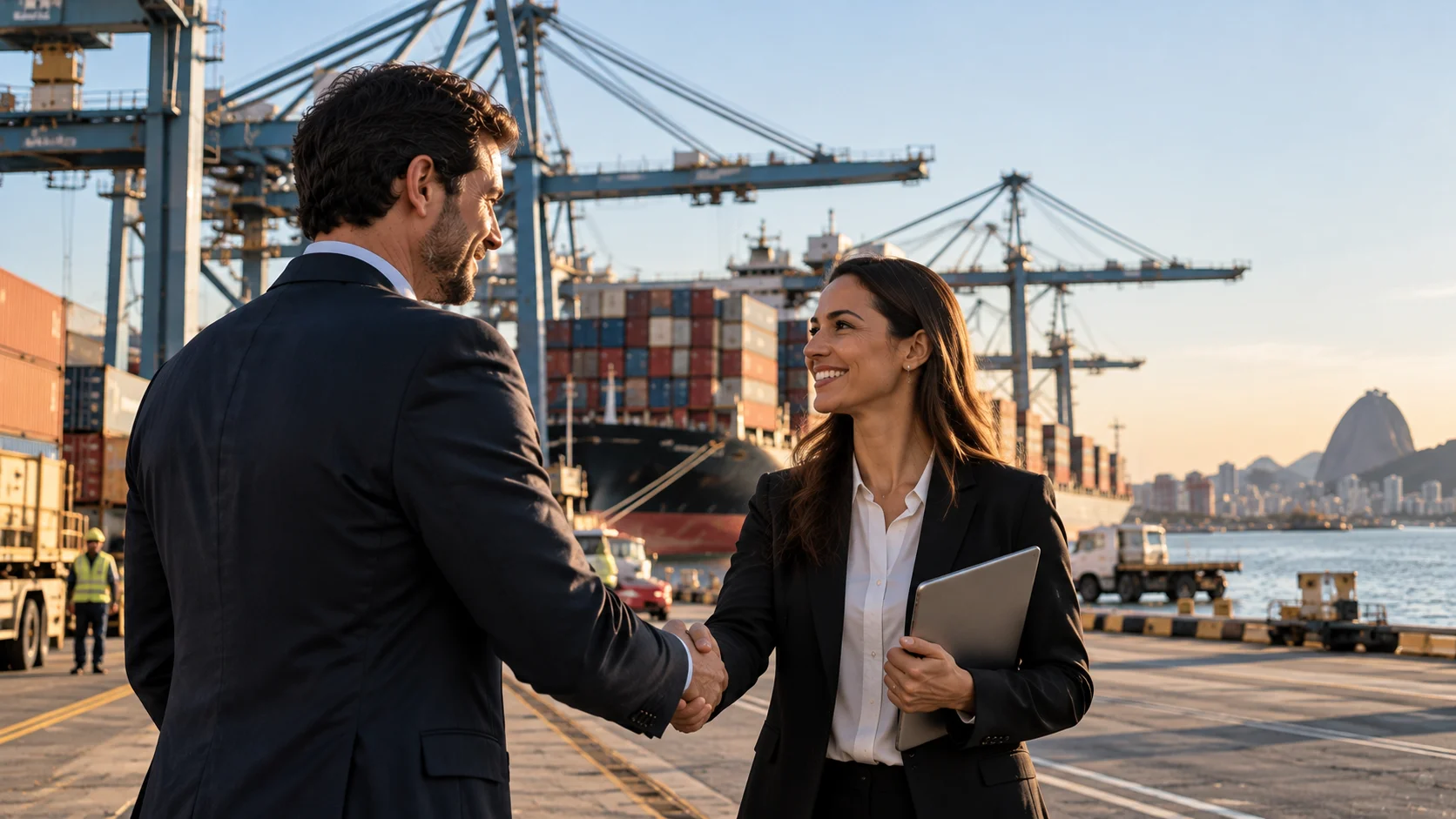Executivos de empresas estrangeiras e brasileiras apertam as mãos em um porto de contêineres, simbolizando parcerias comerciais e entrada no mercado brasileiro.
