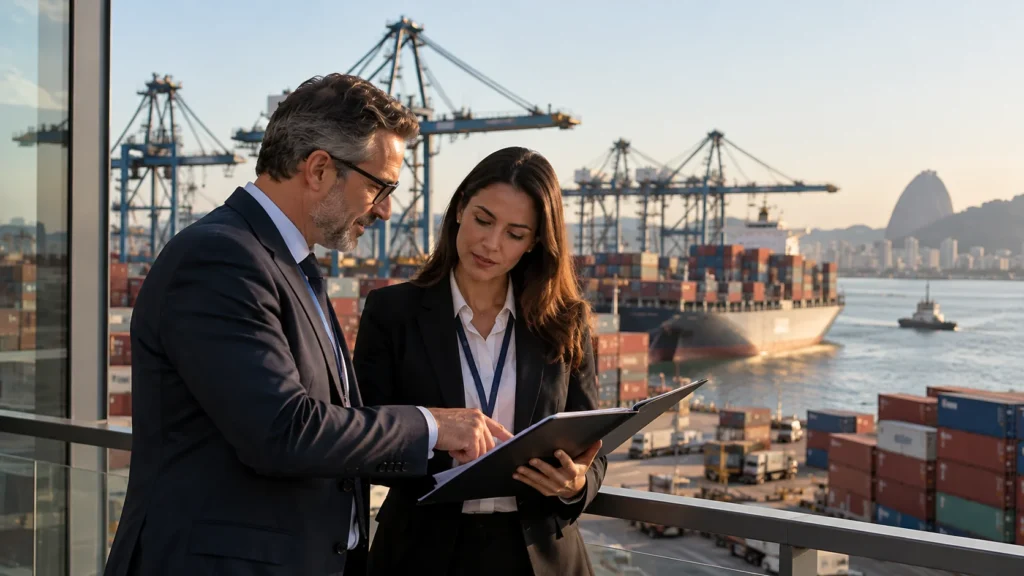 Dois profissionais analisam documentos comerciais com um terminal portuário ao fundo.
