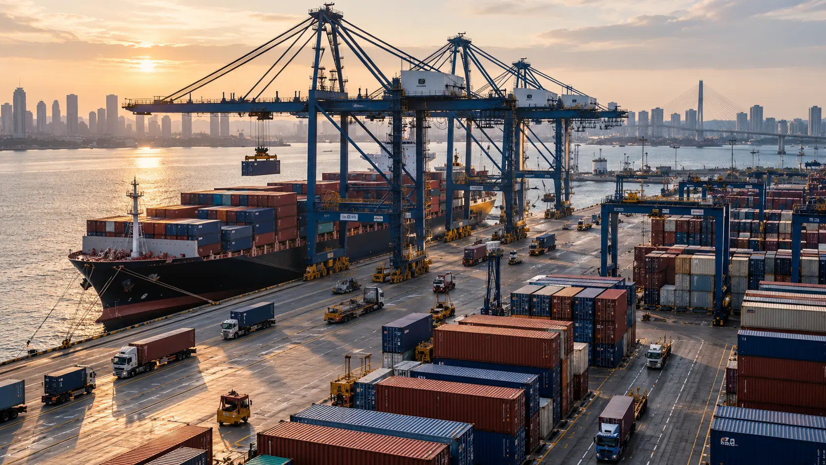 Vista panorâmica de um terminal portuário com navio porta-contêineres, guindastes de carga, caminhões e contêineres durante uma operação de comércio internacional.